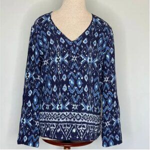 Lafayette 148 Blue Ikat Pattern Blouse with Sequins V Neck Long Sleeves Size 4